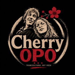 Music band logo featuring two people leaning together on a black background with red flowers: the words 'Cherry OPO' are written underneath them in cream and red, and a cream circle is drawn around them.
